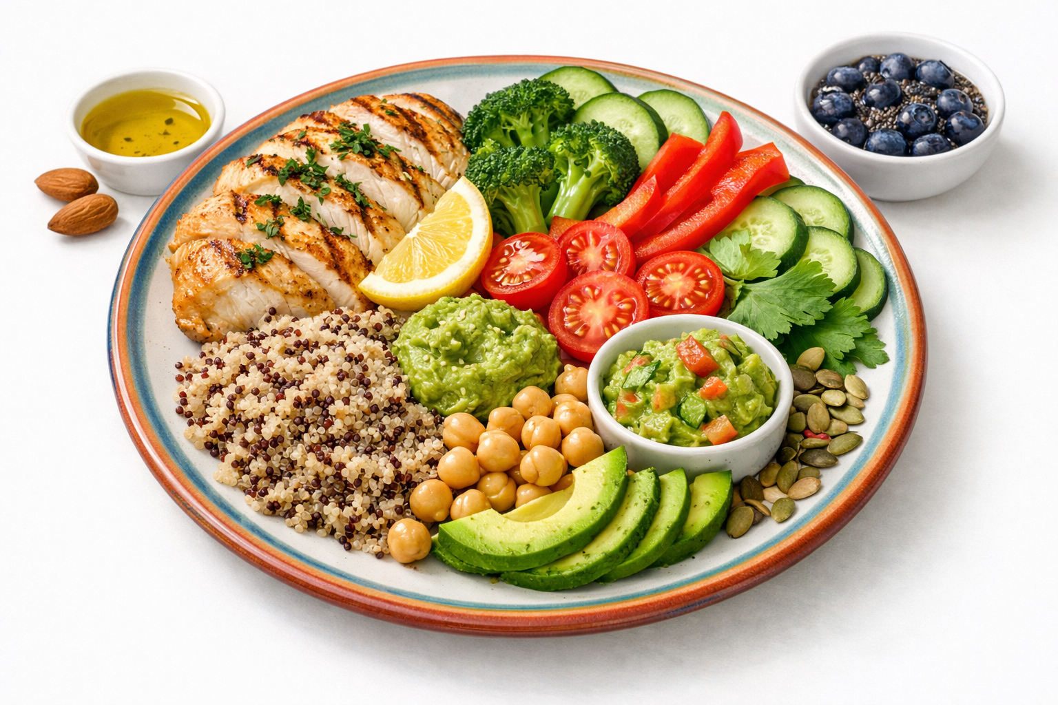 Colorful plate with balanced diabetes-friendly meal featuring lean protein, fresh vegetables, whole grains, and healthy fats arranged attractively on white background