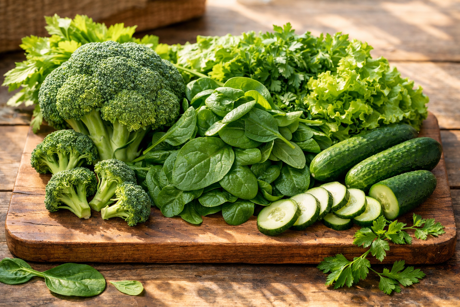 Fresh green vegetables including broccoli, spinach, cucumbers, and leafy greens arranged on wooden cutting board, natural lighting, healthy eating concept